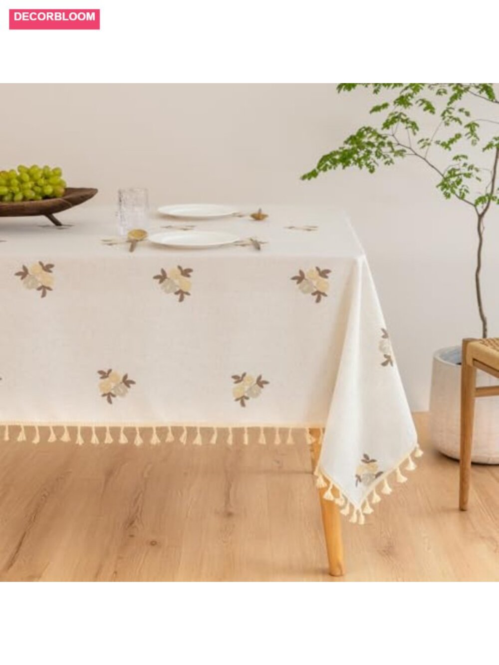 Linen Blend Embroidered Floral Rectangle Tablecloth Tassel 60x84 Farmhouse